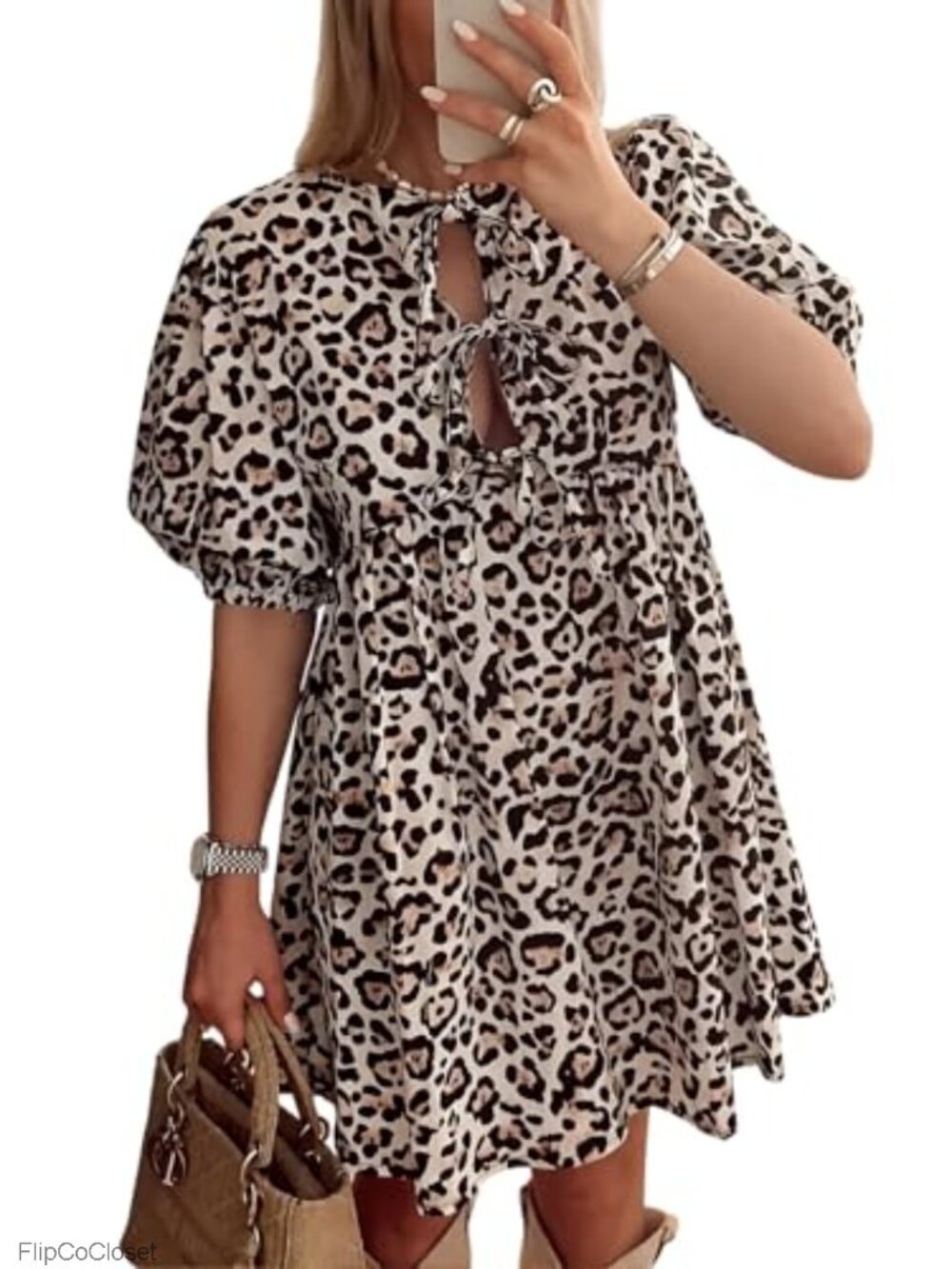 Puff Sleeve Tie Front Babydoll Mini Dress Loose Fit Summer Dress